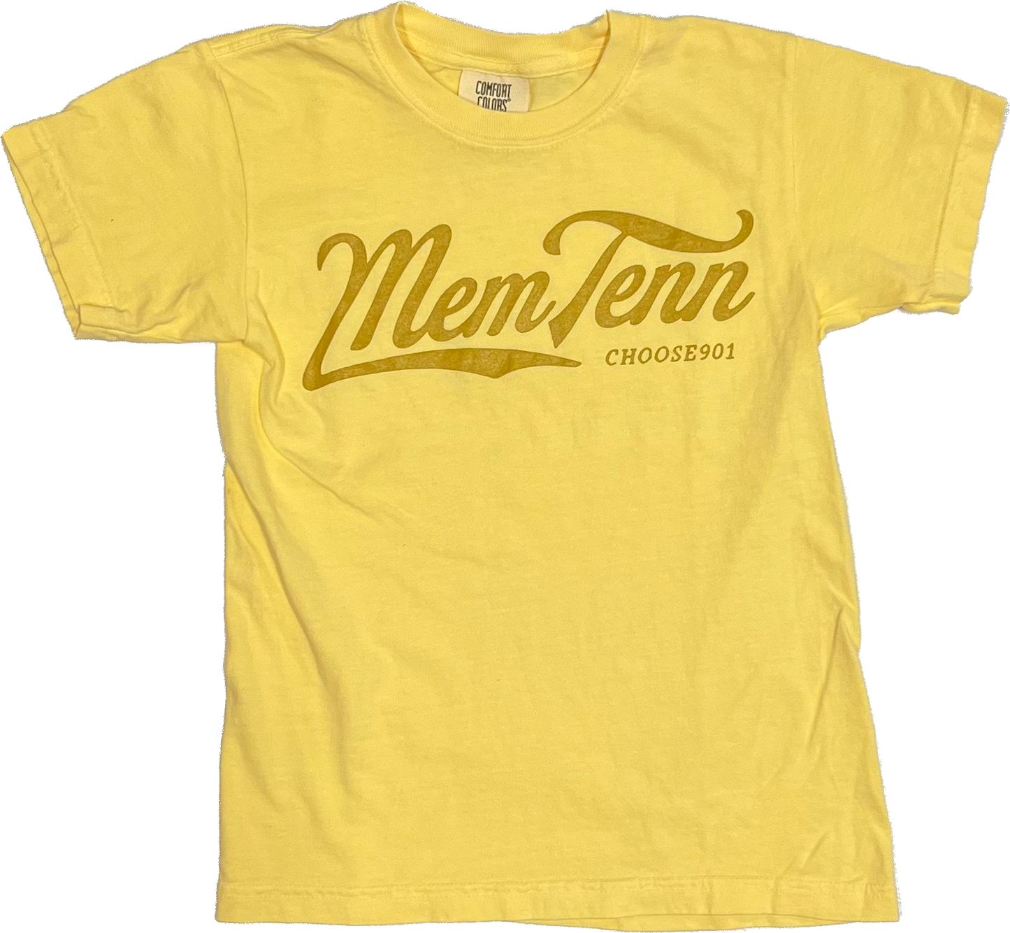 Yellow t-shirt with the word "Youth Memphis Tenn Cursive" in brown cursive script and "Choose901" below it, featuring a classic Memphis design, on a white background. (Choose901 Merch Shop)