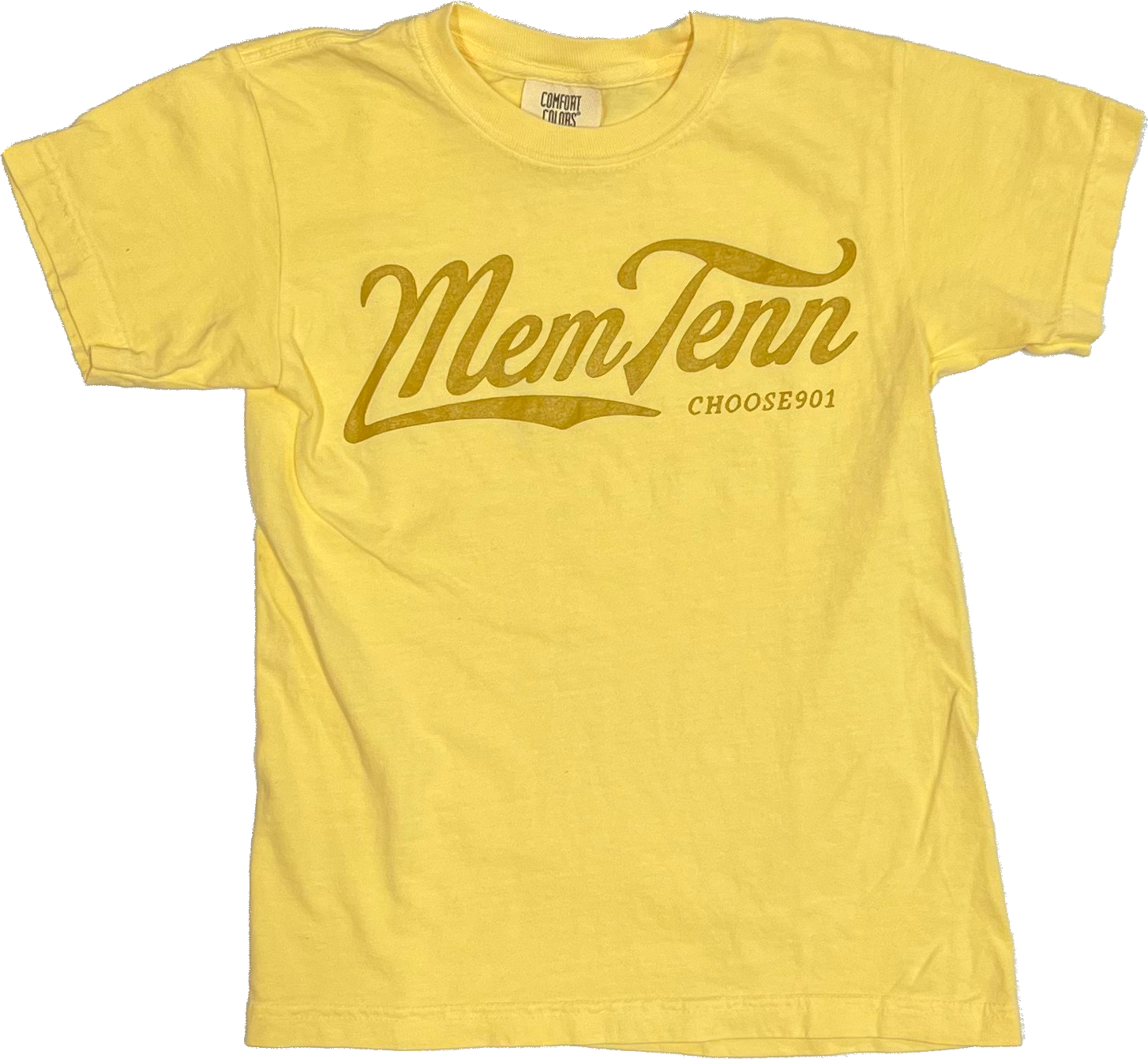 Yellow t-shirt with the word "Youth Memphis Tenn Cursive" in brown cursive script and "Choose901" below it, featuring a classic Memphis design, on a white background. (Choose901 Merch Shop)