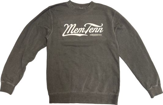 Black crew neck sweatshirt with the text "Memphis Tenn Cursive Sweatshirt on Garment Dyed Black" printed in white on the front from Choose901 Merch Shop.