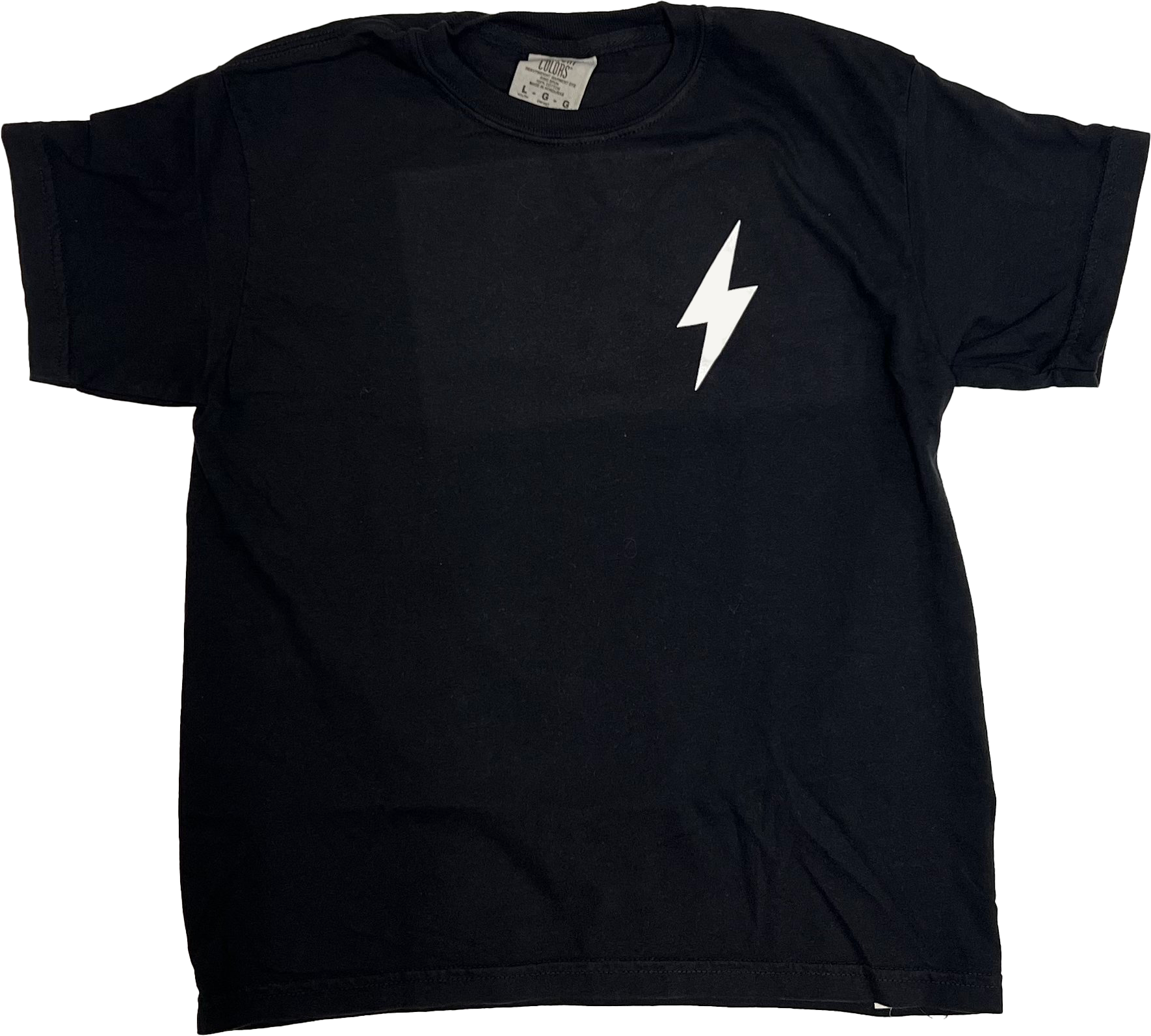 A black Youth Choose901 Lightning Smiley on Black shirt laid flat with a white lightning bolt design on the front from Choose901 Merch Shop.
