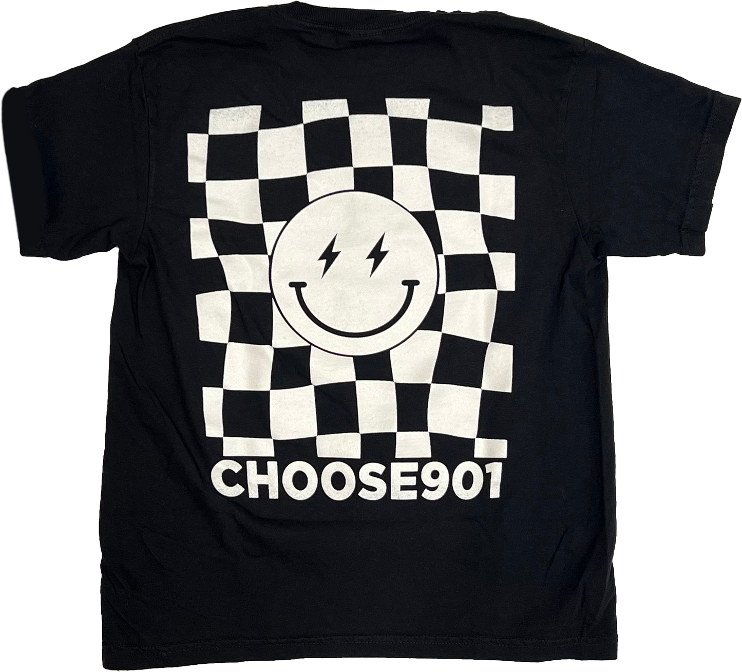 Choose901 Merch Shop's Youth Choose901 Lightning Smiley on Black shirt, featuring a checkered pattern and a smiling face design, with the text "choose901" at the bottom.