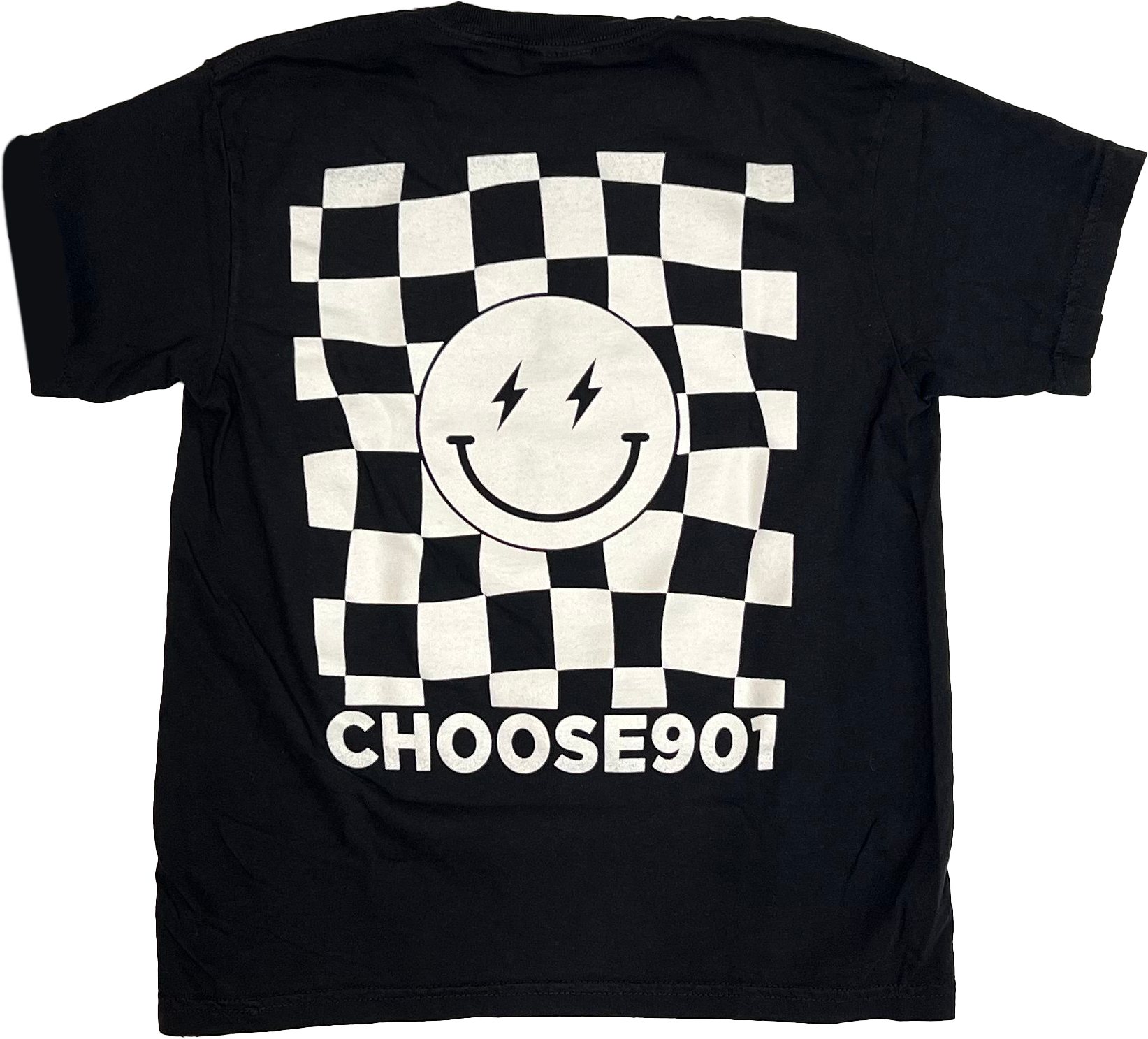 Choose901 Merch Shop's Youth Choose901 Lightning Smiley on Black shirt, featuring a checkered pattern and a smiling face design, with the text "choose901" at the bottom.