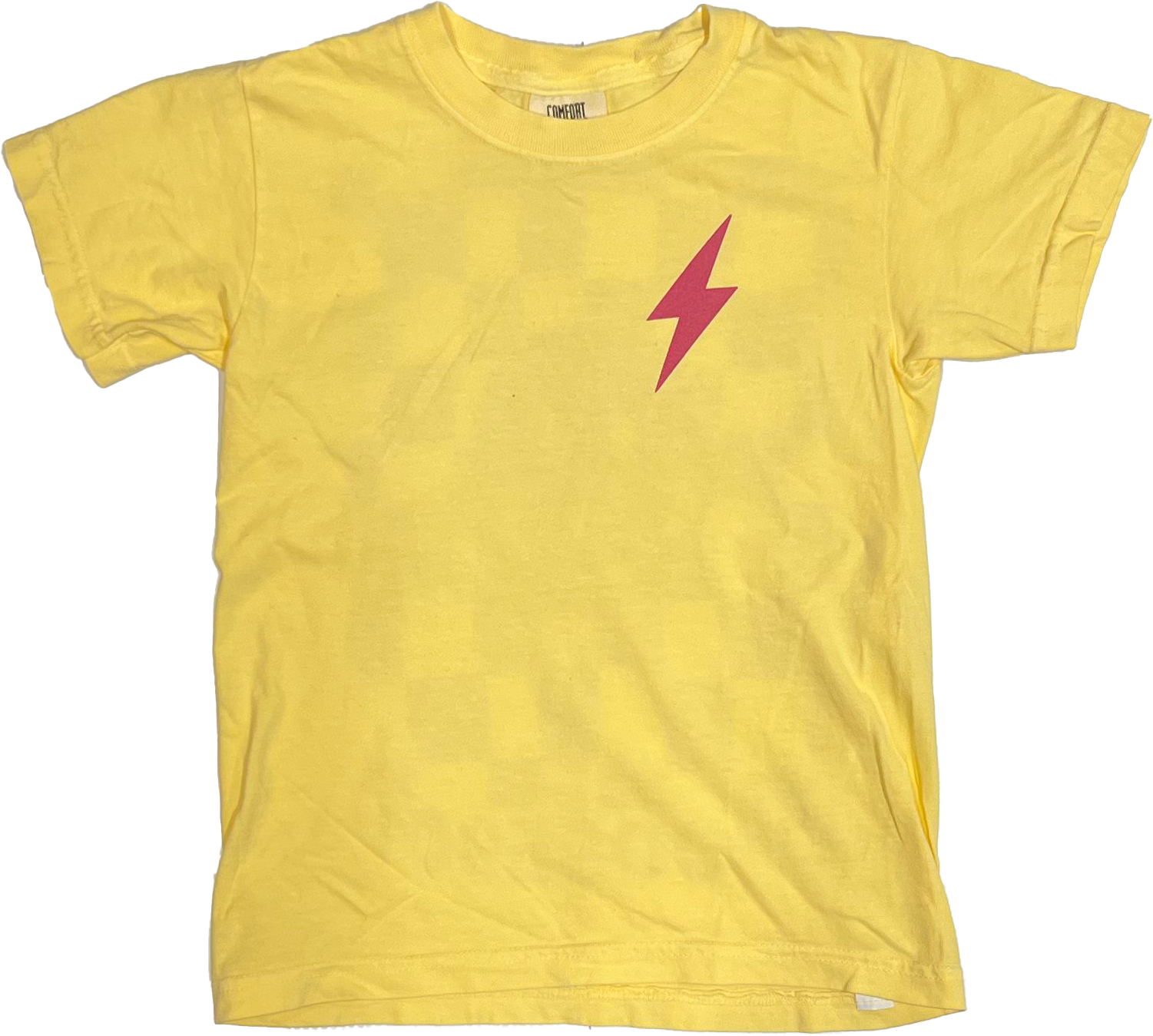 Youth Choose901 Lightning Smiley Short Sleeve Tee by Choose901 Merch Shop in yellow, showcasing a pink lightning bolt design that captures the vibrant spirit of Memphis.