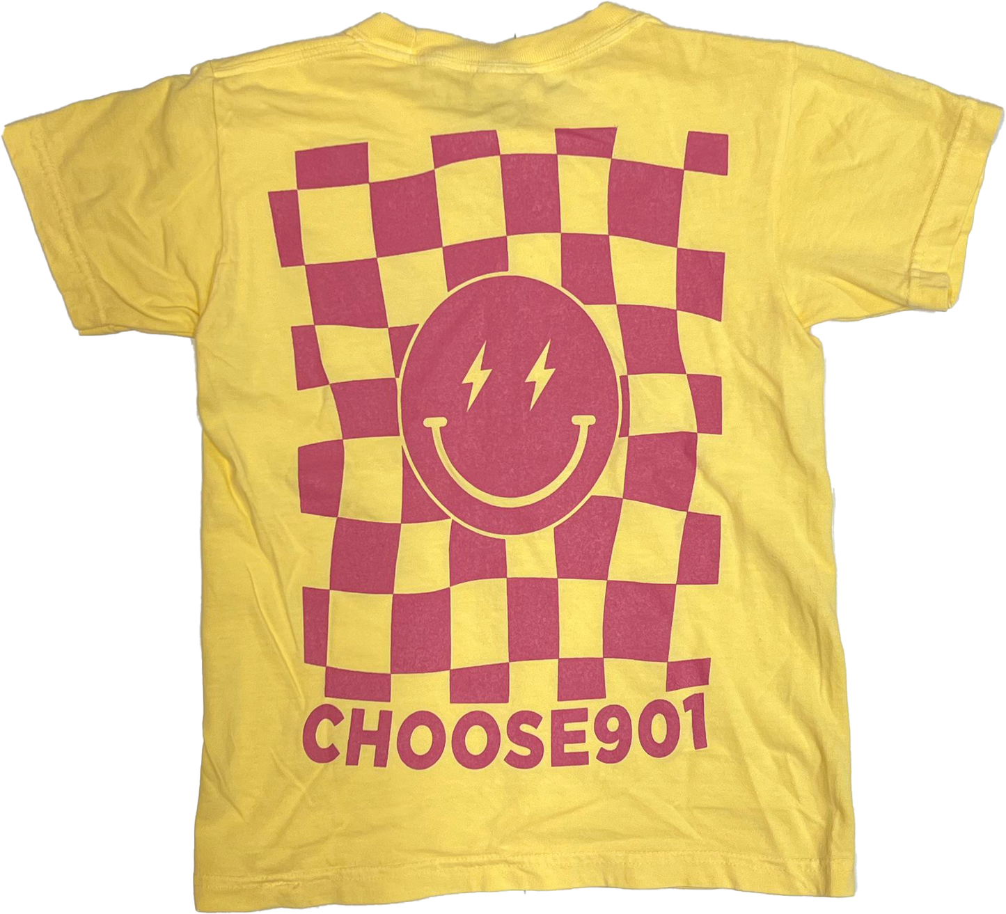 The Youth Choose901 Lightning Smiley Short Sleeve Tee from the Choose901 Merch Shop is a vibrant yellow shirt featuring a pink checkered smiley face with lightning bolt eyes and "CHOOSE901" on the back, reflecting Memphis' spirited vibe.