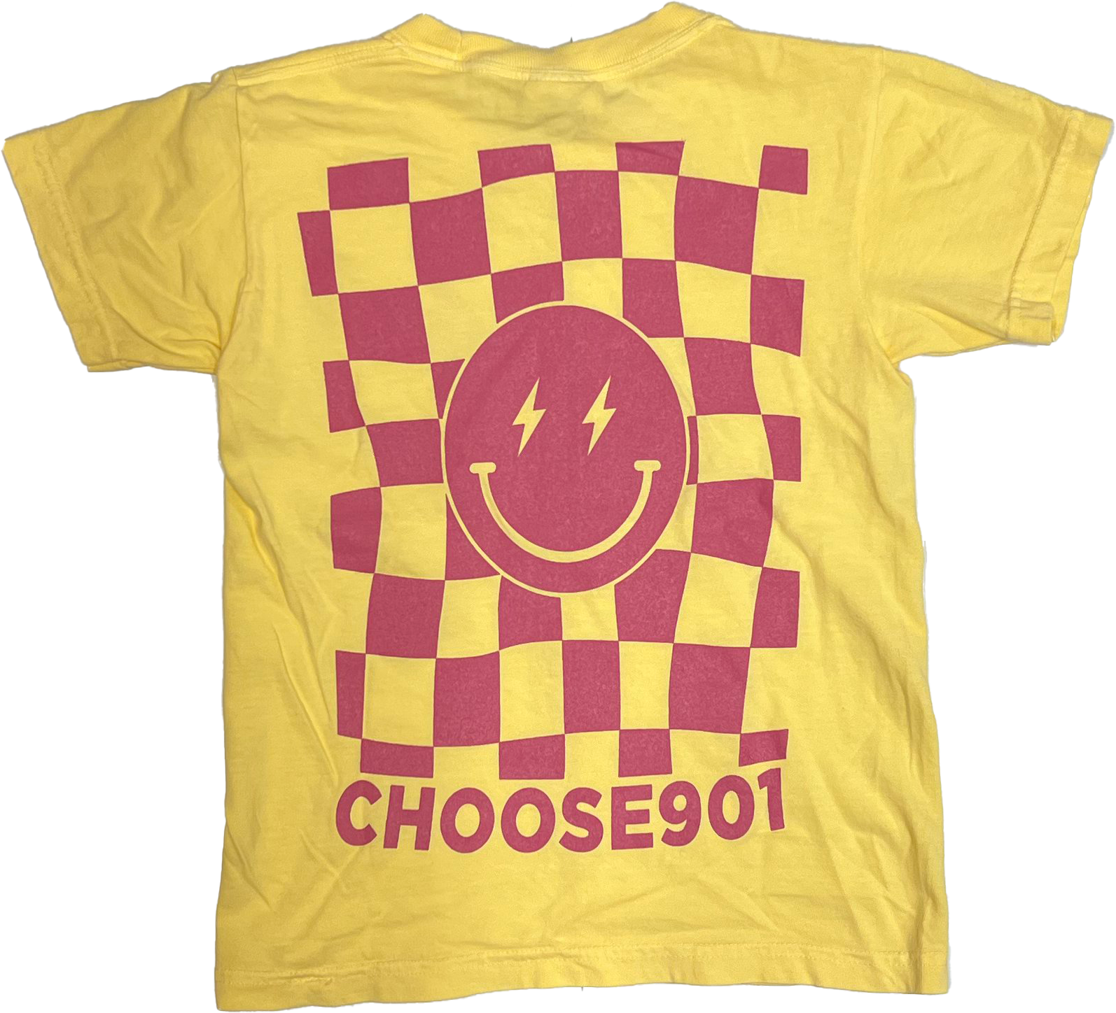 The Youth Choose901 Lightning Smiley Short Sleeve Tee from the Choose901 Merch Shop is a vibrant yellow shirt featuring a pink checkered smiley face with lightning bolt eyes and "CHOOSE901" on the back, reflecting Memphis' spirited vibe.