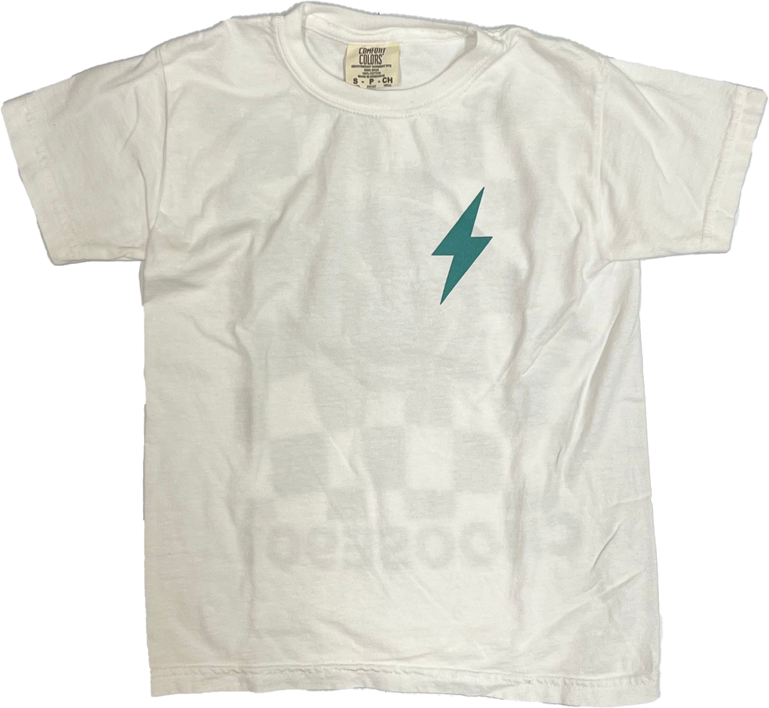 The Youth Choose901 Lightning Smiley Short Sleeve Tee by Choose901 Merch Shop is a white t-shirt with a turquoise lightning bolt on the left, crafted for youth in classic Memphis style. The label inside the collar shows brand and size info.