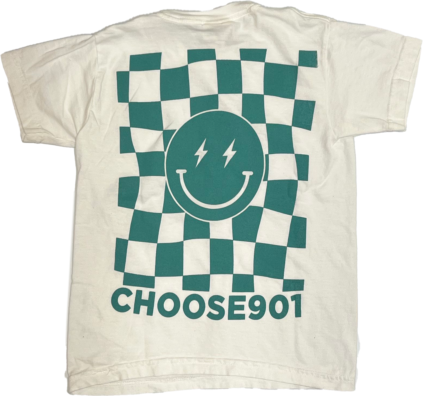 The Youth Choose901 Lightning Smiley Short Sleeve Tee from Choose901 Merch Shop is white, featuring a green checkered pattern with a smiling face on the back and "CHOOSE901" text that celebrates Memphis flair.