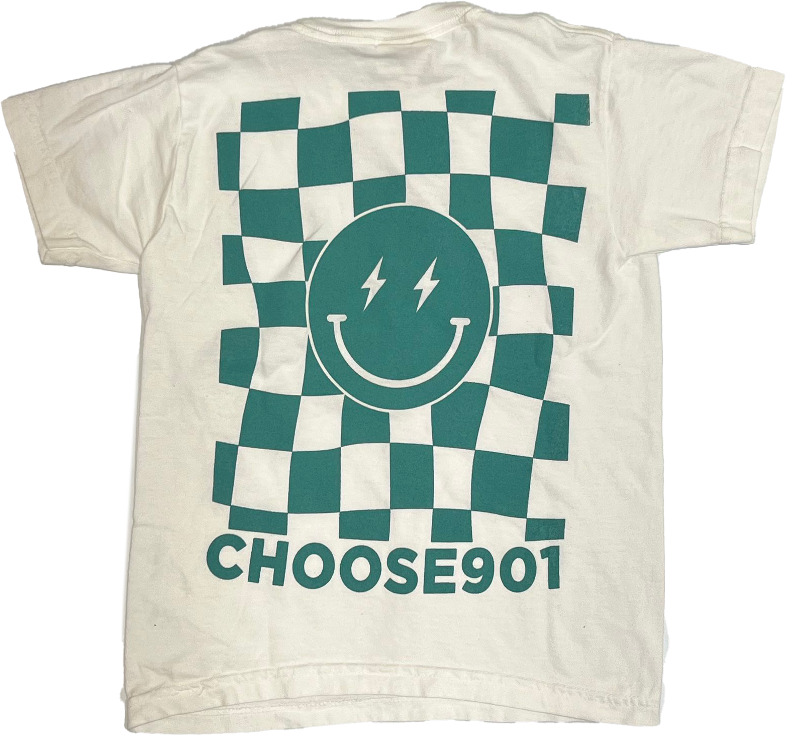 The Youth Choose901 Lightning Smiley Short Sleeve Tee from Choose901 Merch Shop is white, featuring a green checkered pattern with a smiling face on the back and "CHOOSE901" text that celebrates Memphis flair.