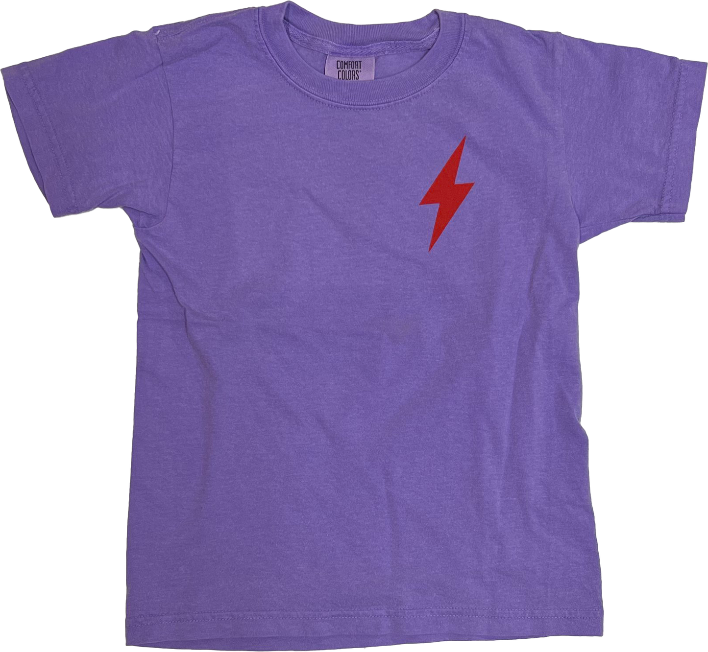 Purple Youth Choose901 Lightning Smiley on Violet shirt with a red lightning bolt design in the center, displayed on a striped grey background from Choose901 Merch Shop.