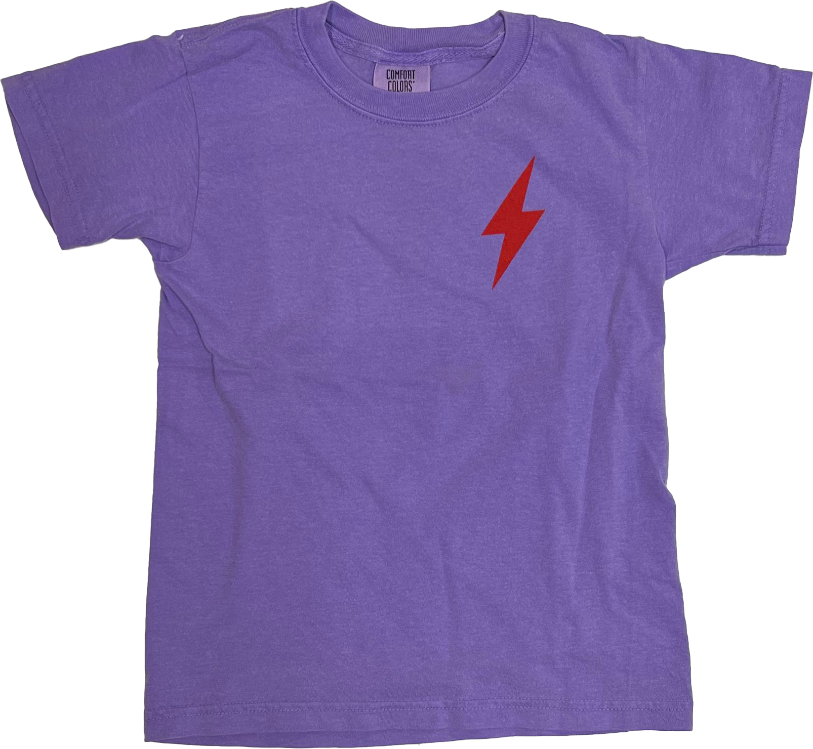 Purple Youth Choose901 Lightning Smiley on Violet shirt with a red lightning bolt design in the center, displayed on a striped grey background from Choose901 Merch Shop.