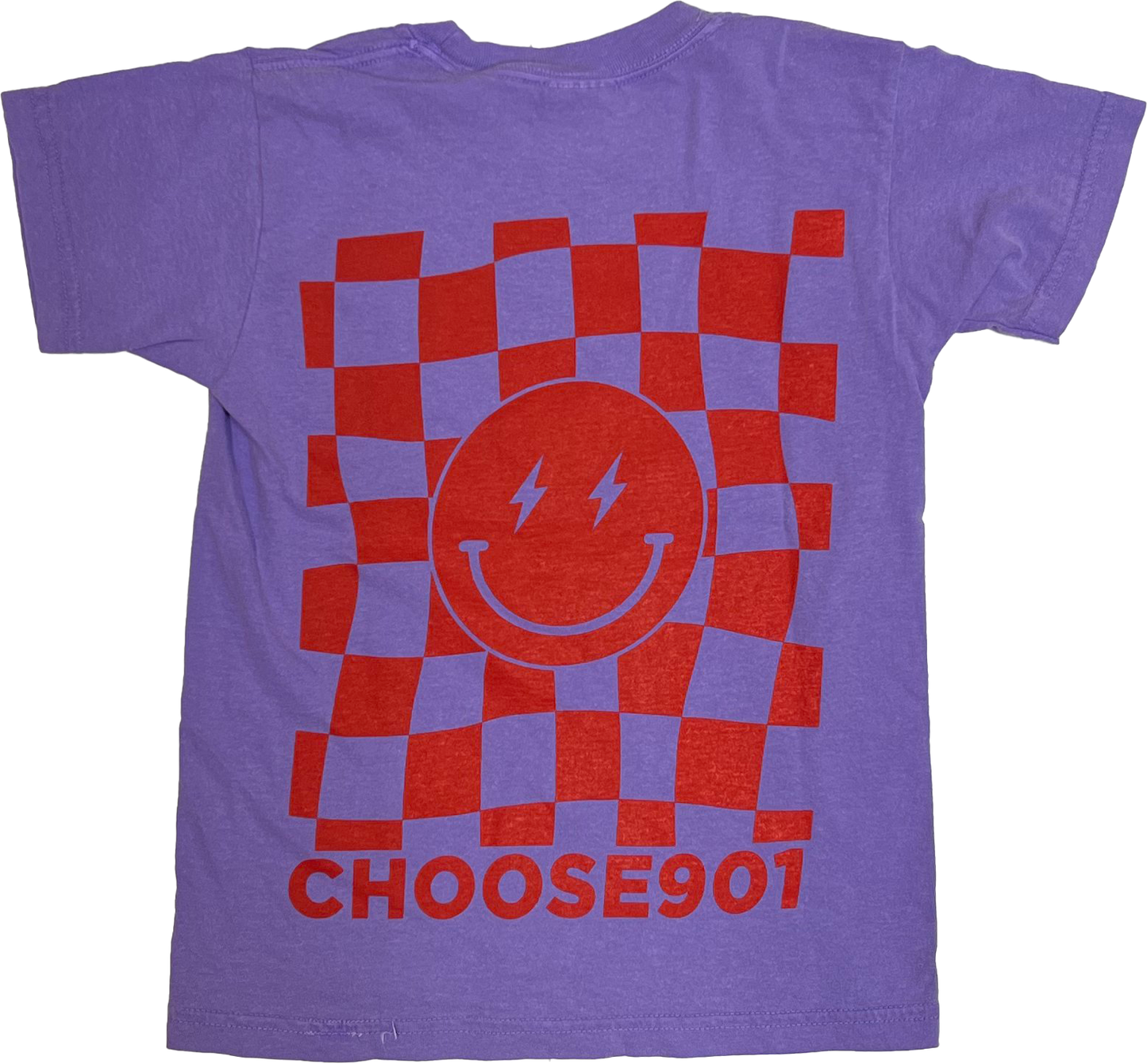 Purple shirt with a red and white checkered pattern and a smiley face in the center, alongside the text "Youth Choose901 Lightning Smiley on Violet" printed at the bottom from Choose901 Merch Shop.