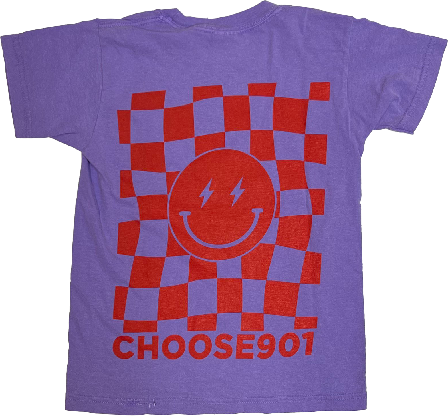 Purple shirt with a red and white checkered pattern and a smiley face in the center, alongside the text "Youth Choose901 Lightning Smiley on Violet" printed at the bottom from Choose901 Merch Shop.