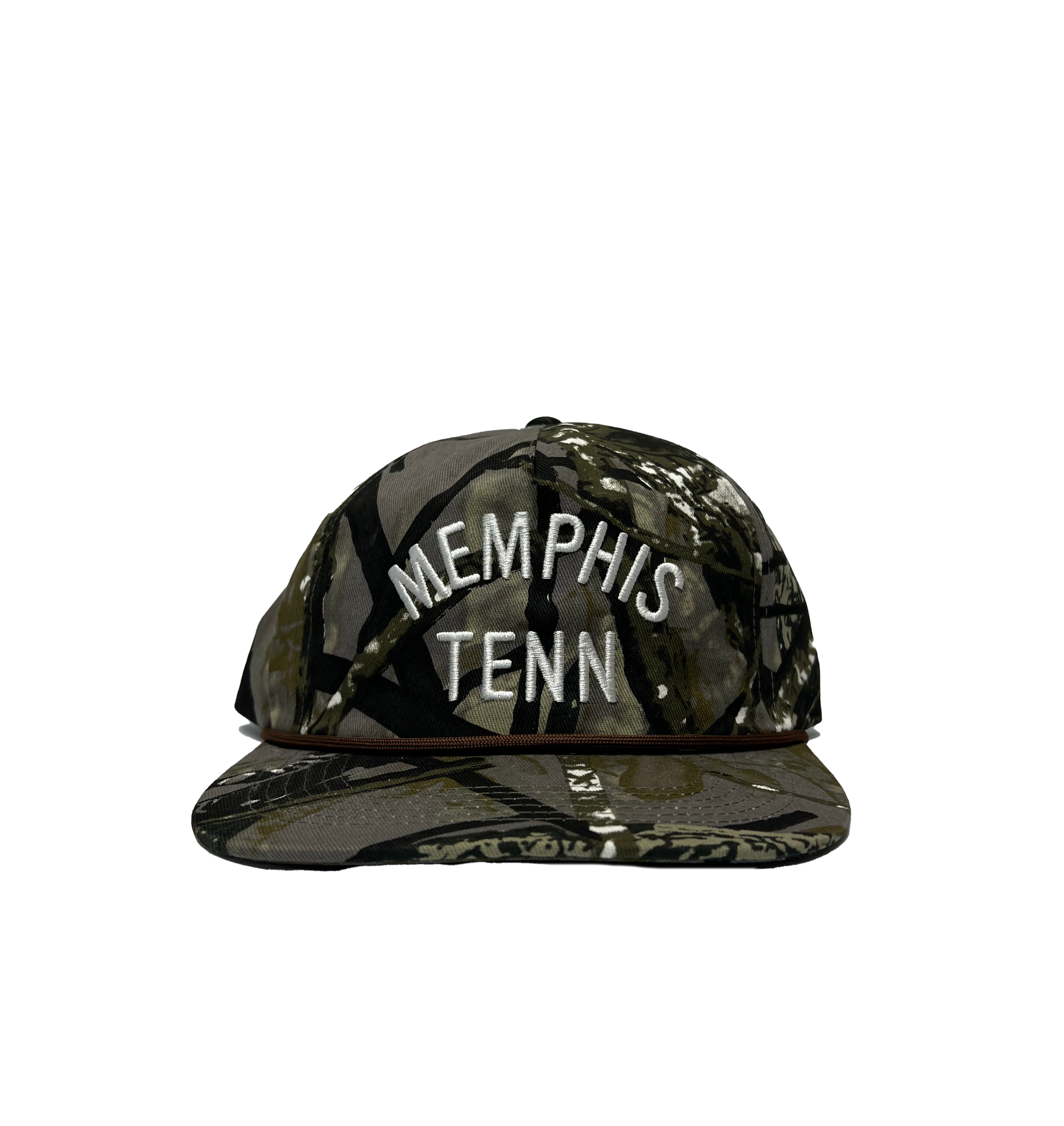 A Memphis Tenn Hat Camo snapback cap with "901" printed in white letters on the front, displayed against a striped grey background. (from Choose901 Merch Shop)