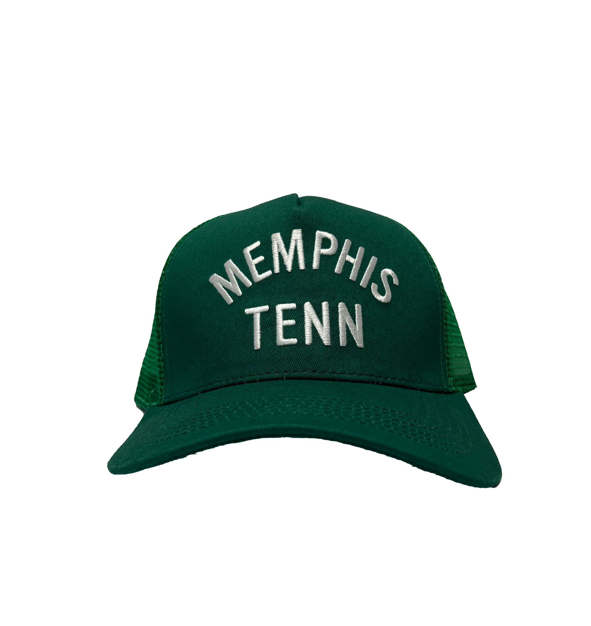 Memphis Tenn Dark Green Trucker Hat with "901" embroidered in white thread, displayed against a gradient background from Choose901 Merch Shop.