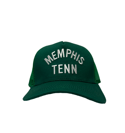 Memphis Tenn Dark Green Trucker Hat with "901" embroidered in white thread, displayed against a gradient background from Choose901 Merch Shop.