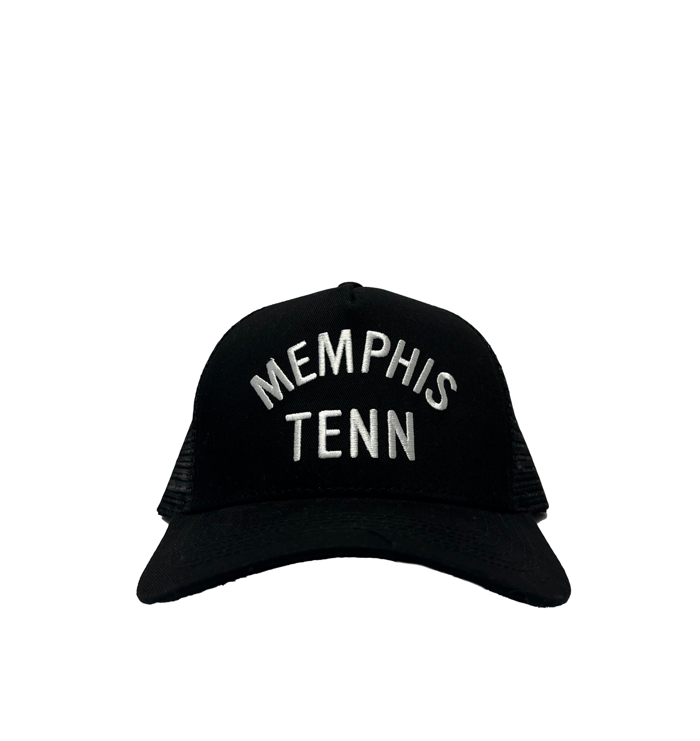 Memphis Tenn Black Trucker Hat with "901" embroidered in white letters, set against a striped gray background from Choose901 Merch Shop.