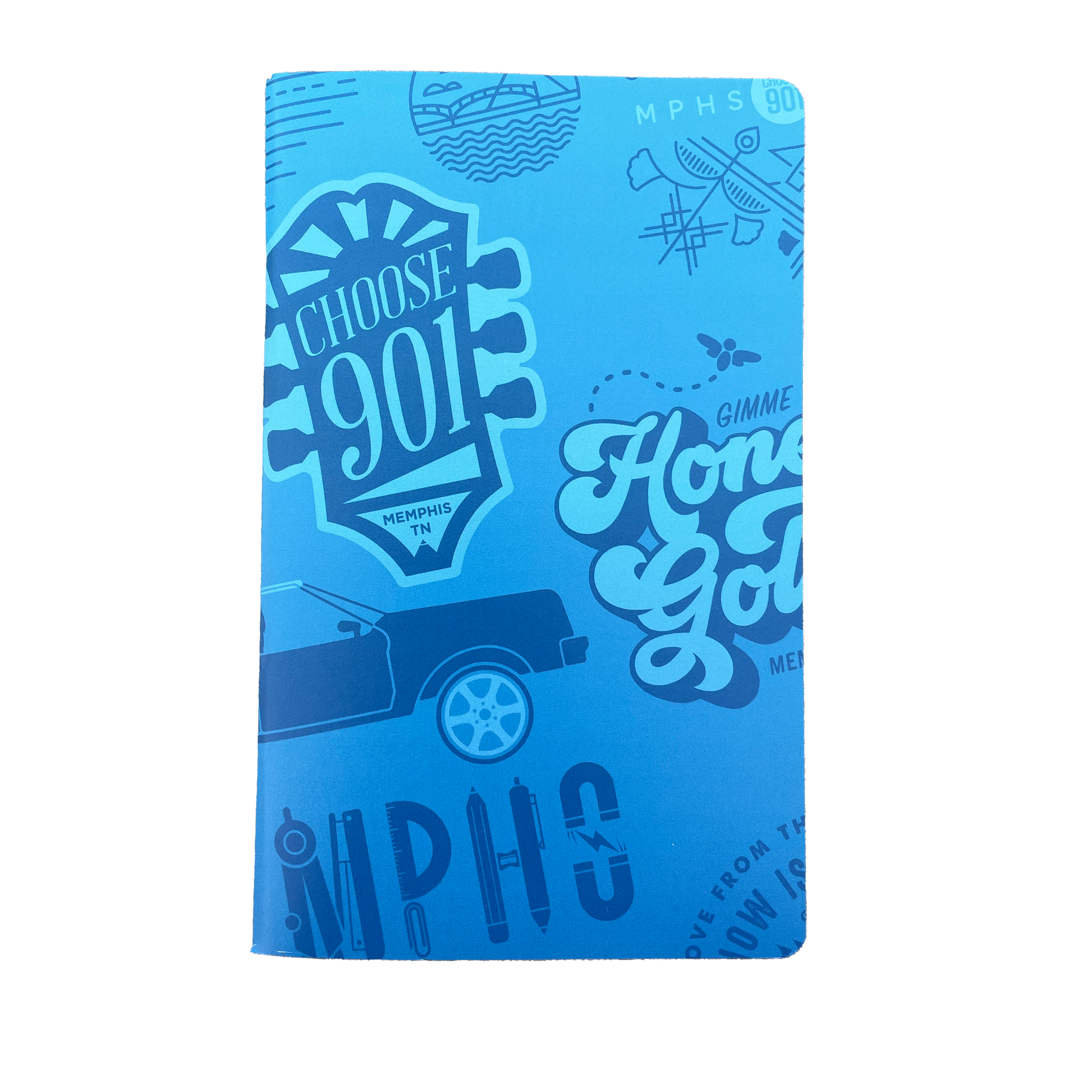 The Large Notebook from Choose901 Merch Shop features a blue Memphis-themed design with "Choose 901," "Gimme Honey Gold," a car illustration, various local symbols, and Dot Graph pages for your creative notes.