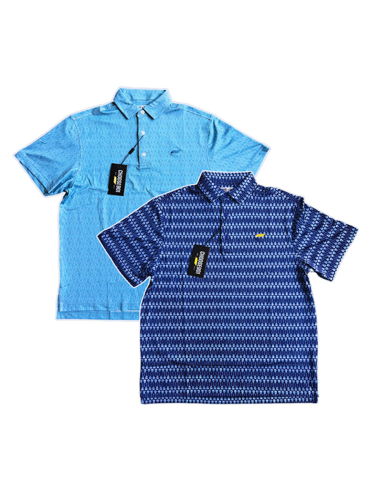 Two short-sleeved Memphis guitar polo shirts, tagged and from the Choose901 Merch Shop's "The Kings' Guitar Polo" collection. One shirt is light blue, and the other is dark blue. Made from breathable fabric, these versatile polos are perfect for any occasion.