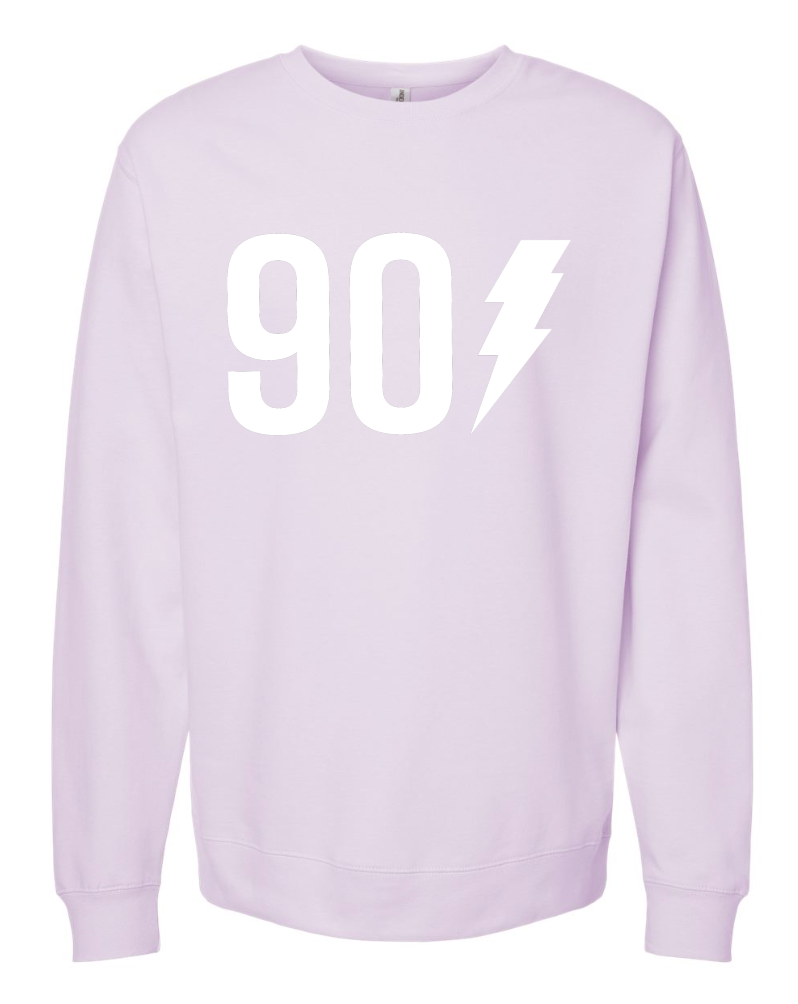 901 Bolt Crewneck from Choose901 Merch Shop in lilac, featuring a "90" and white lightning bolt design on the front.