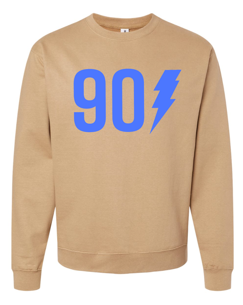 A 901 Bolt Crewneck from the Choose901 Merch Shop, featuring a blue lightning bolt graphic and the number "90" on a beige crewneck sweatshirt.