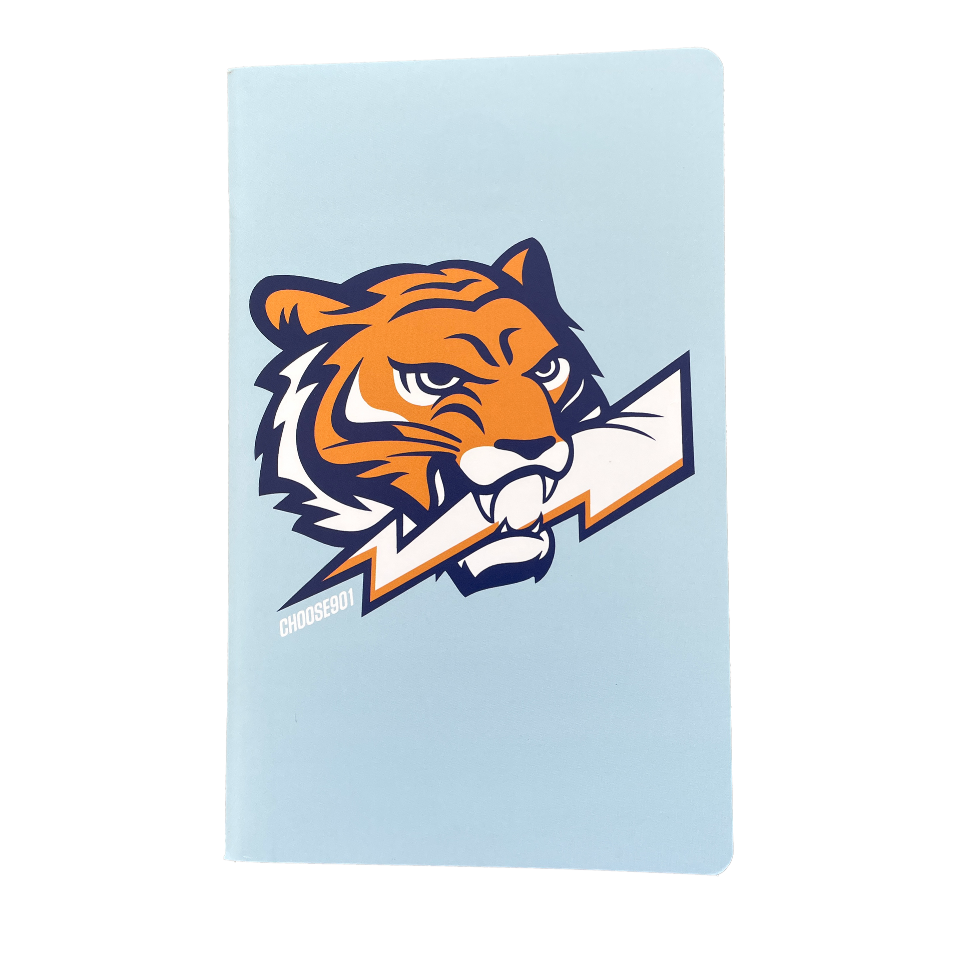A large notebook from Choose901 Merch Shop in a light blue dot graph style, featuring an orange and white design with a tiger mascot graphic on the cover.