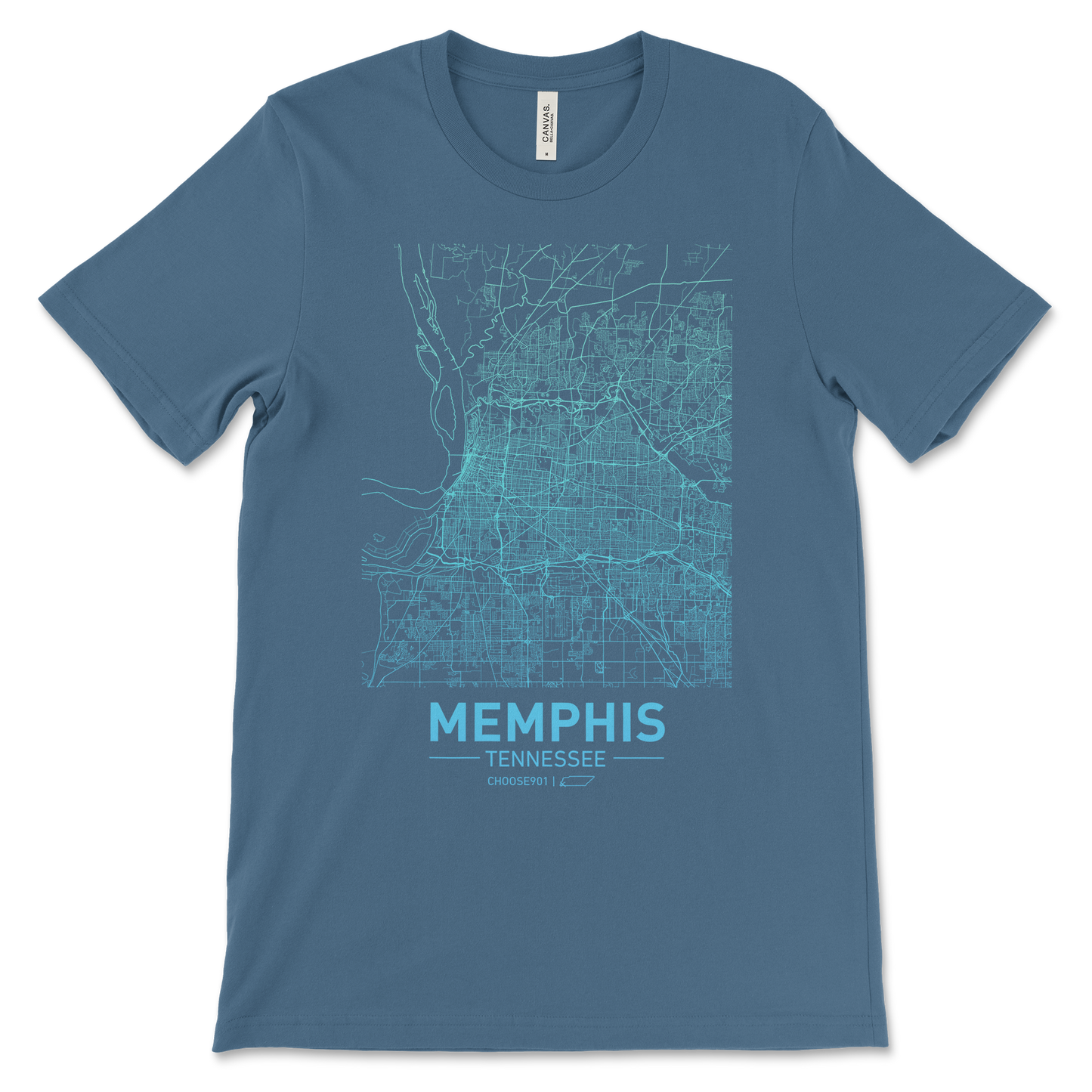 Cool Blue printed shirt featuring a white city map outline of Memphis and the text "Memphis Tennessee" displayed prominently at the bottom.