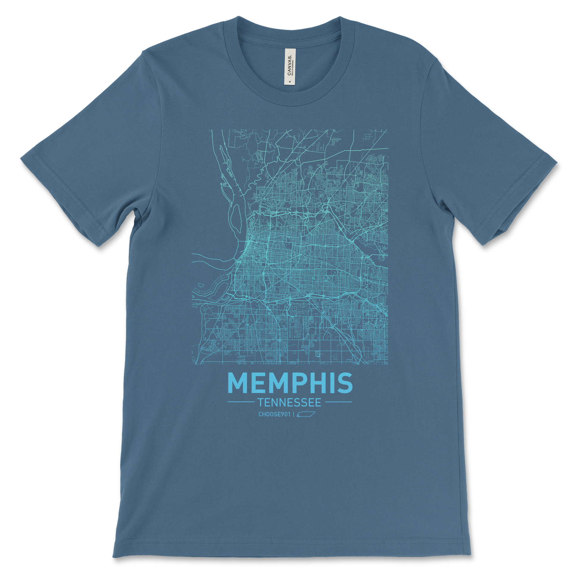 Cool Blue printed shirt featuring a white city map outline of Memphis and the text "Memphis Tennessee" displayed prominently at the bottom.