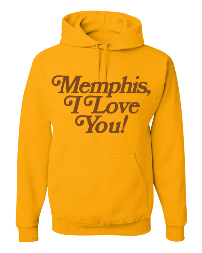 A "Memphis I Love You Hoodie" in gold from Choose901 Merch Shop features the text on the front in brown letters.