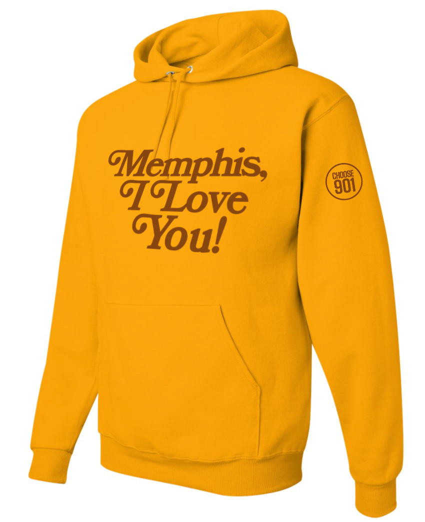 Check out the limited edition Memphis I Love You Hoodie Gold from Choose901 Merch Shop. Featuring "Memphis, I Love You!" on the front and "Choose 901" on the sleeve, it's crafted from cozy fleece to keep you warm and stylish in true Memphis fashion.