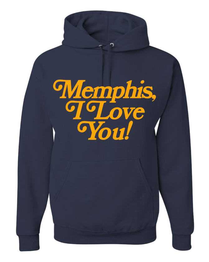 Navy hoodie from Choose901 Merch Shop with yellow "Memphis I Love You" text.