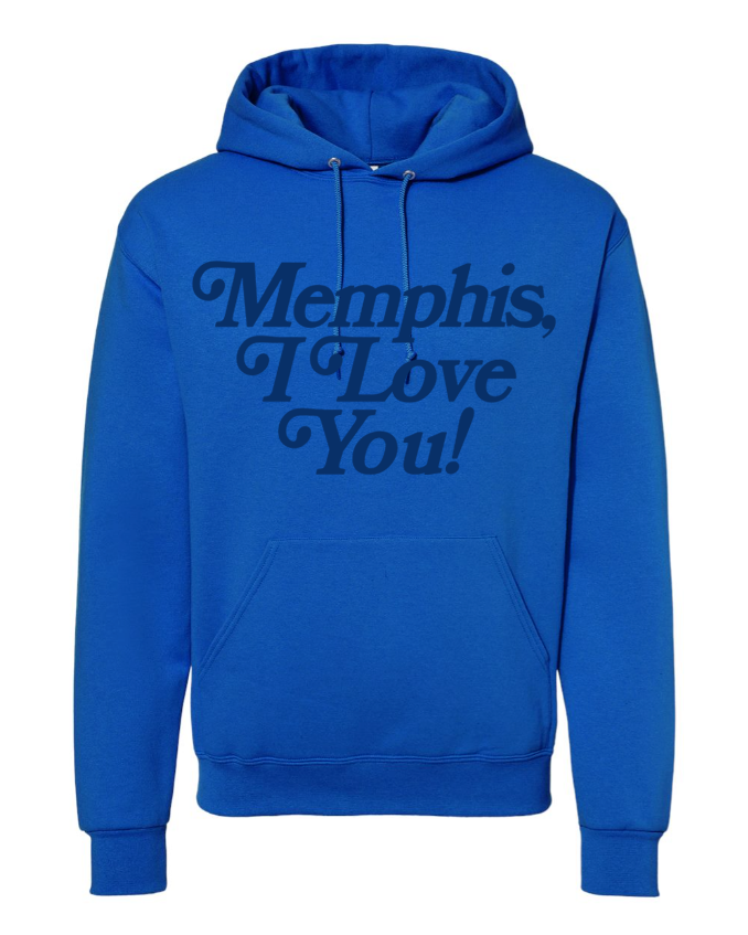 Royal blue hoodie from Choose901 Merch Shop featuring "Memphis, I Love You!" in bold dark lettering on the front.