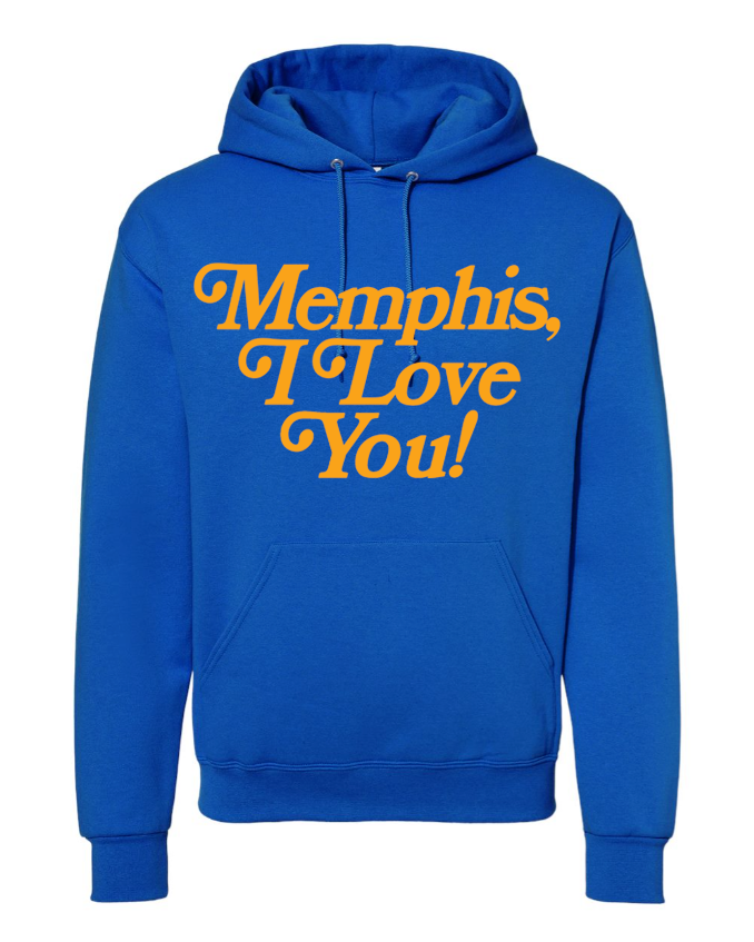 Royal blue hoodie from Choose901 Merch Shop featuring "Memphis, I Love You!" in yellow.