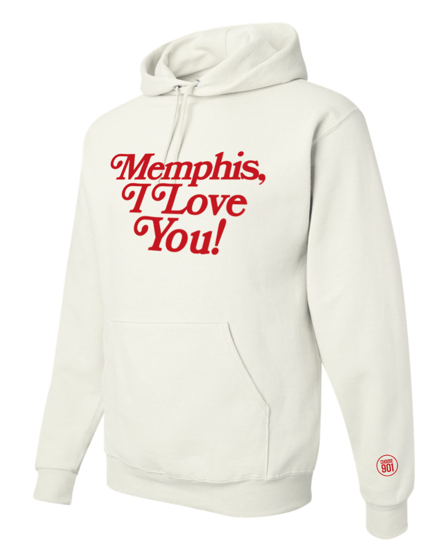 Stay cozy and comfy in this white Valentine's edition hoodie from Choose901 Merch Shop, showcasing "Memphis, I Love You!" in bold red across the front, perfect for expressing your love for Memphis.