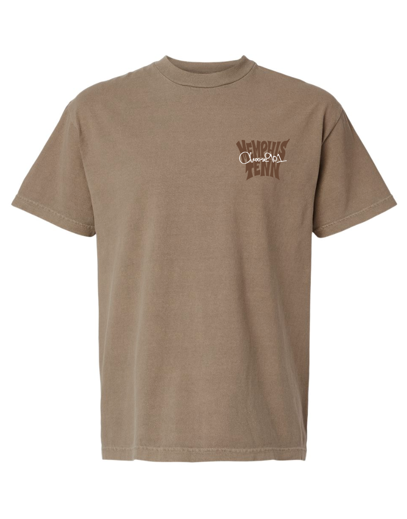 A Choose901 Merch Shop Memphis Tenn 2.0 Short Sleeve Tee in brown, featuring “Linfield Tennis” in stylized white text on the left chest.