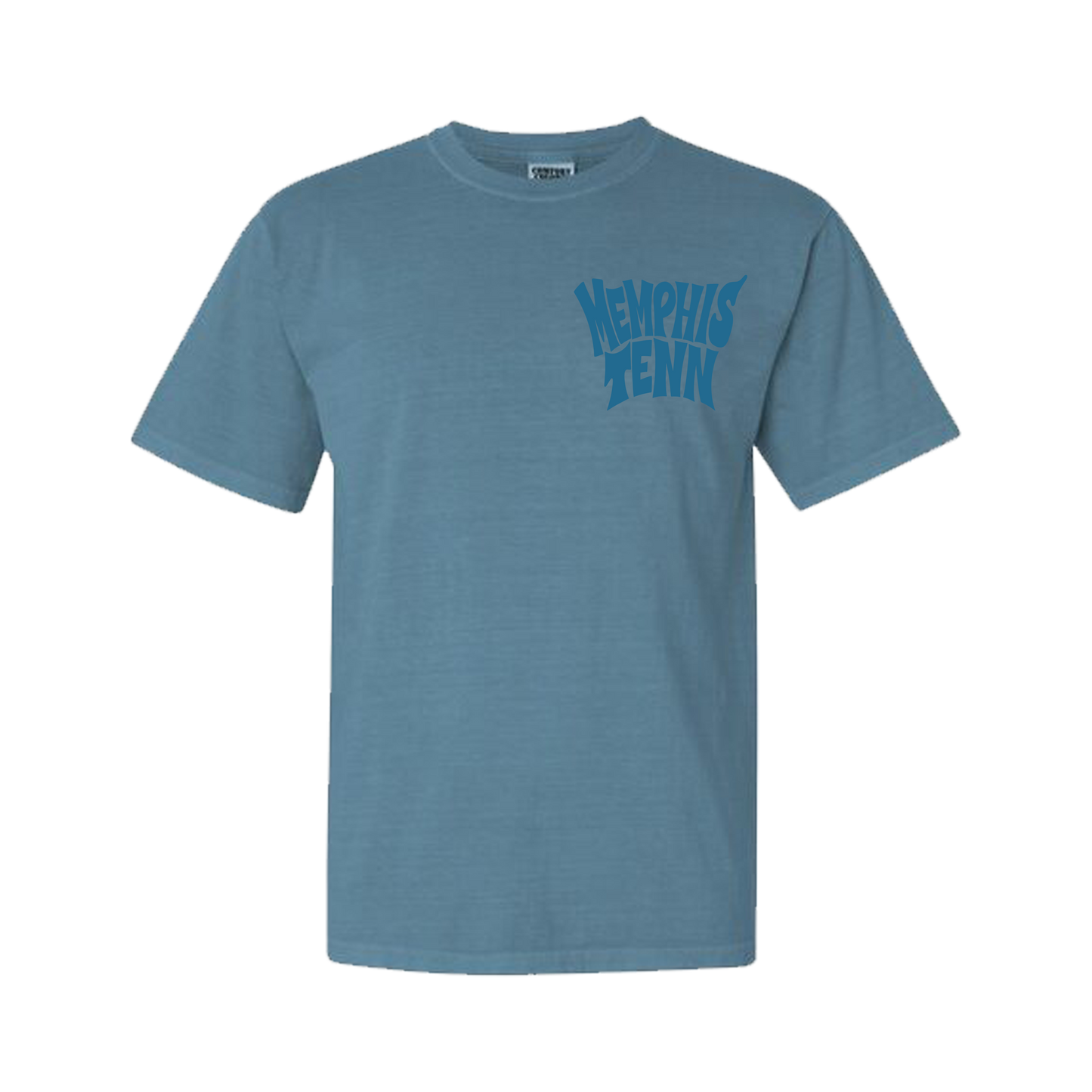 The Memphis Tenn 2.0 Short Sleeve Tee from Choose901 Merch Shop features "MEMPHIS TENN" on the upper left chest and is crafted with soft Comfort Colors fabric for everyday comfort and style.