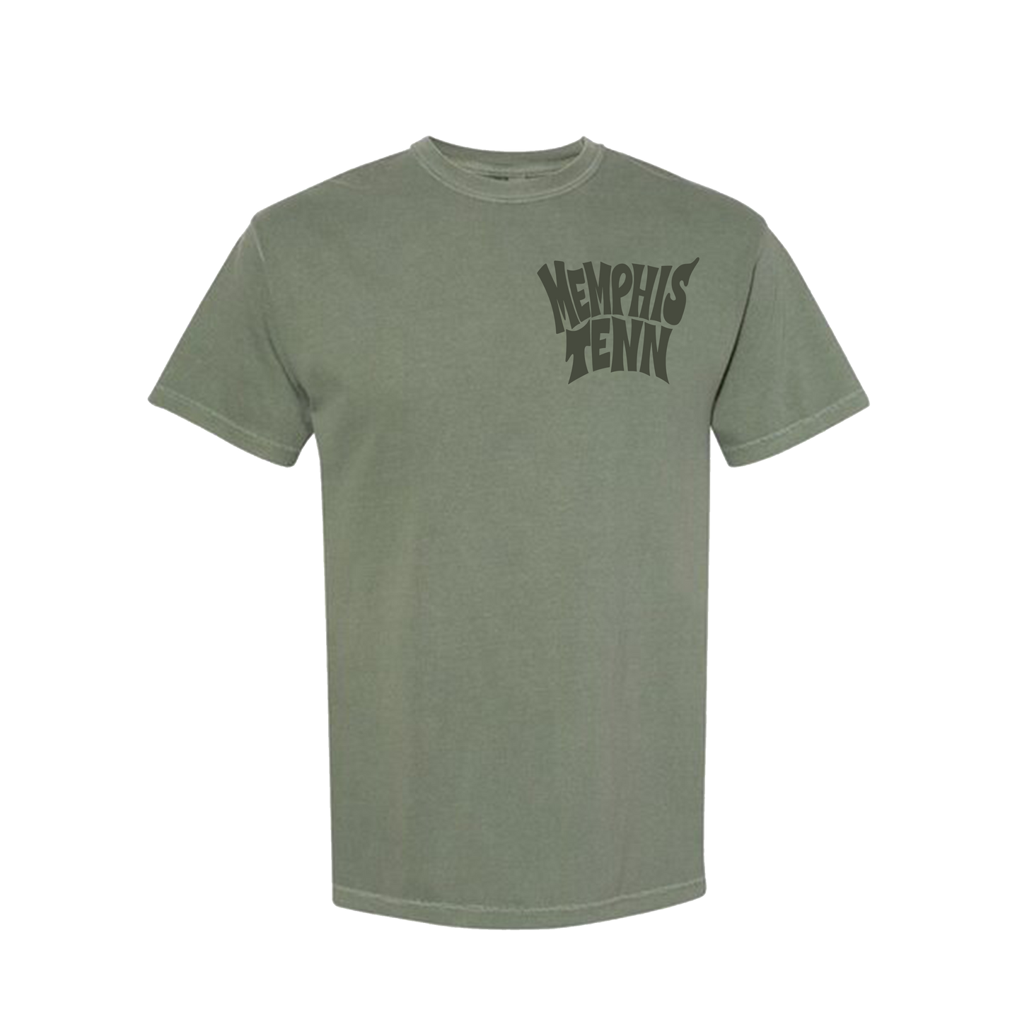 The Memphis Tenn 2.0 Short Sleeve Tee by Choose901 Merch Shop features an olive green Comfort Colors fabric and bold black "MEMPHIS ZENN" text on the upper left chest—an ideal unique Memphis tee for your wardrobe.