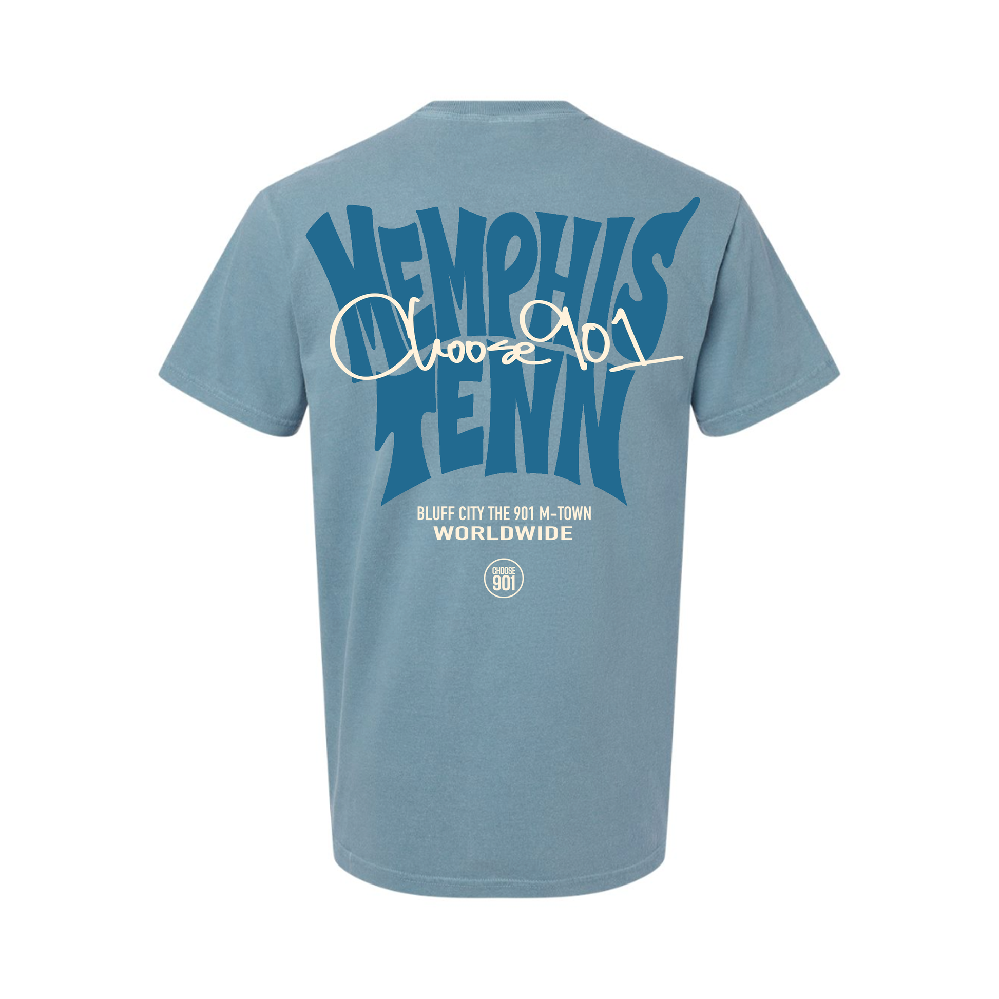 The Memphis Tenn 2.0 Short Sleeve Tee from Choose901 Merch Shop features soft Comfort Colors fabric, bold blue "MEMPHIS TENN" on the back, white script "Choose 901," and smaller Memphis-themed text beneath.