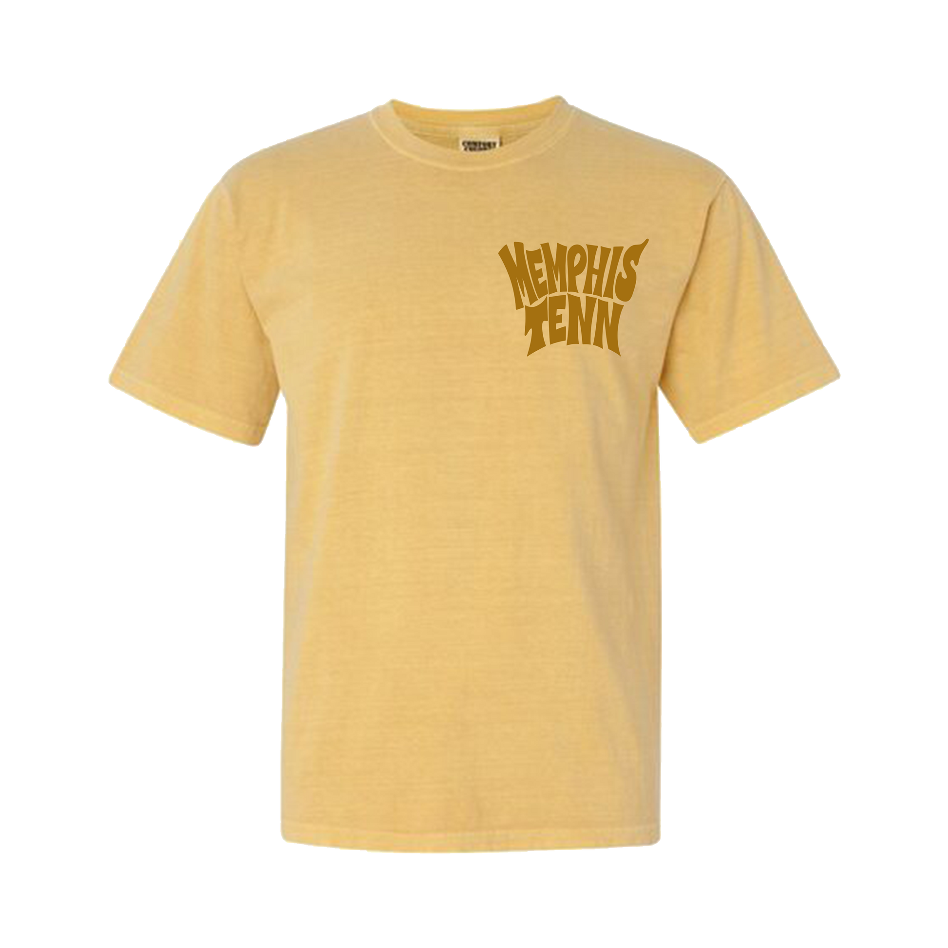 The Memphis Tenn 2.0 Short Sleeve Tee by Choose901 Merch Shop features "Memphis Tenn" in bold brown letters on a soft, yellow Comfort Colors shirt—perfect for relaxed, everyday wear.