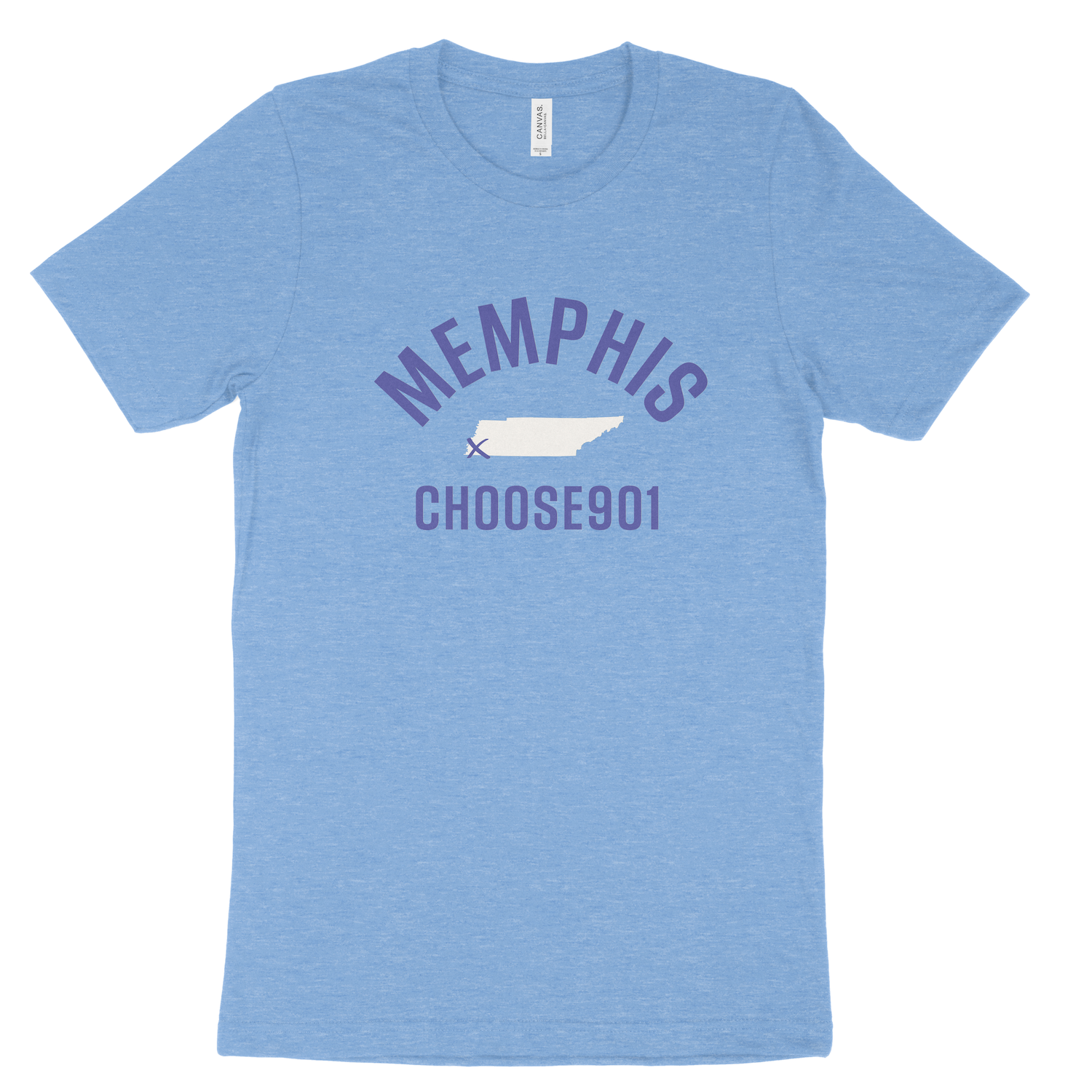 Blue t-shirt with the text "Memphis Choose901" and a graphic design featuring a megaphone - Memphis x Choose901 Shirt (Heather Blue) by Choose901