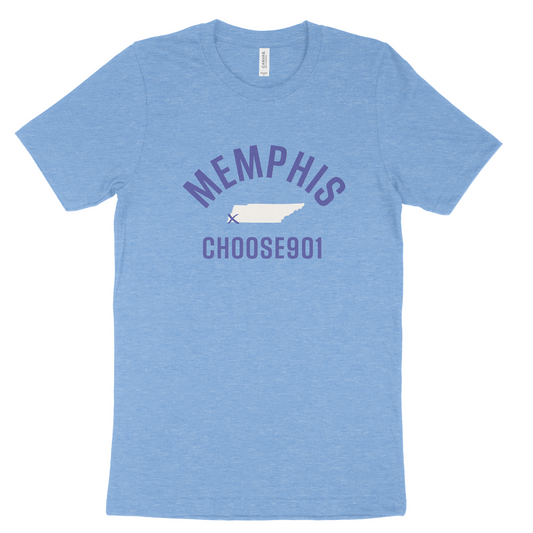 Blue t-shirt with the text "Memphis Choose901" and a graphic design featuring a megaphone - Memphis x Choose901 Shirt (Heather Blue) by Choose901