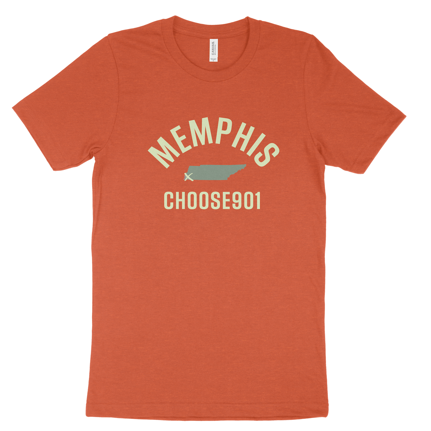 A burnt orange Memphis x Choose901 shirt with the words "Choose901 Memphis" printed in green and white.