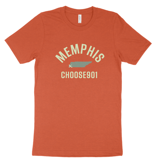 A burnt orange Memphis x Choose901 shirt with the words "Choose901 Memphis" printed in green and white.