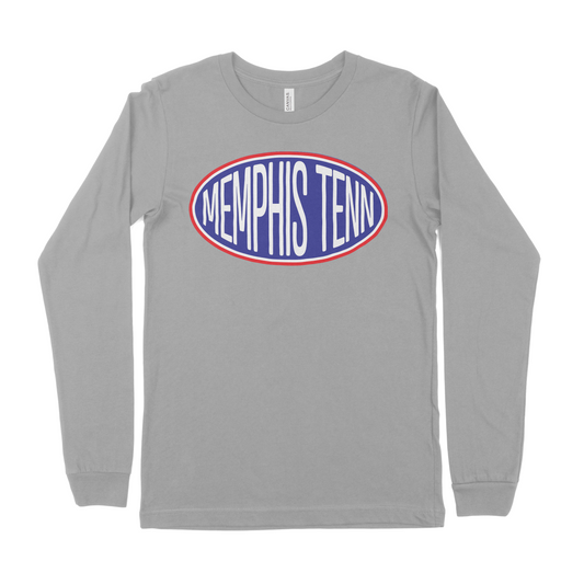 Long-sleeved gray shirt with "Memphian tenn" written in a red and blue oval logo centered on the chest - Memphis Tenn Gas Station Long Sleeve on Athletic Heather from Choose901 Merch Shop.