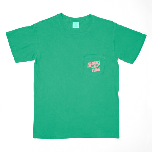 Plain green Memphis is the Place Shirt (Grass) featuring a small Choose901 Merch Shop graphic design on the left chest area.