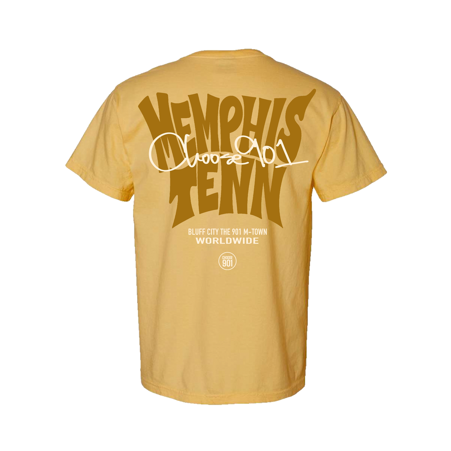 The Memphis Tenn 2.0 Short Sleeve Tee from Choose901 Merch Shop features bold "Memphis Tenn" and white graffiti-style "Choose 901" on the front, with "Bluff City The 901 M-Town Worldwide" printed on the back—the perfect go-to 901 shirt.