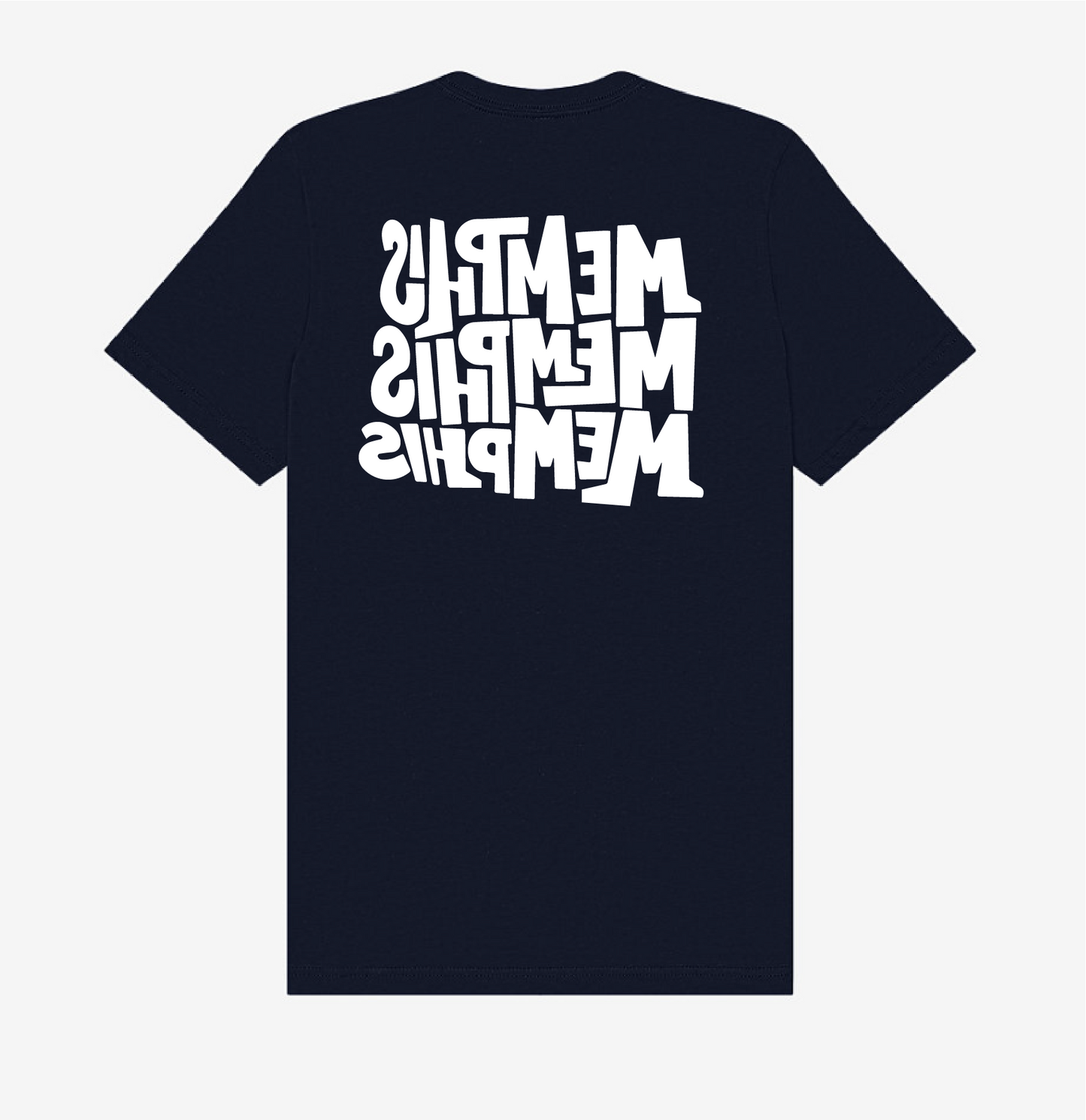 The Memphis, Memphis, Memphis by Eso Tolson t-shirt from Choose901 Merch Shop is black with "MEMPHIS" printed three times in bold white upside-down letters on the back.