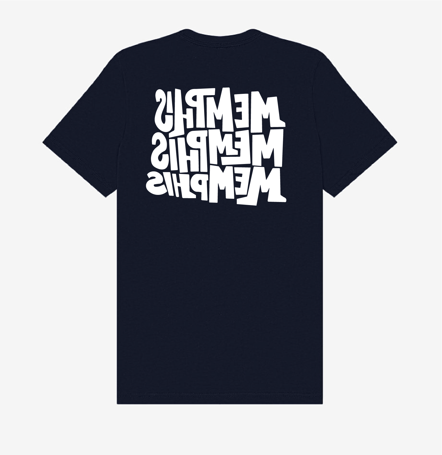 The Memphis, Memphis, Memphis by Eso Tolson t-shirt from Choose901 Merch Shop is black with "MEMPHIS" printed three times in bold white upside-down letters on the back.
