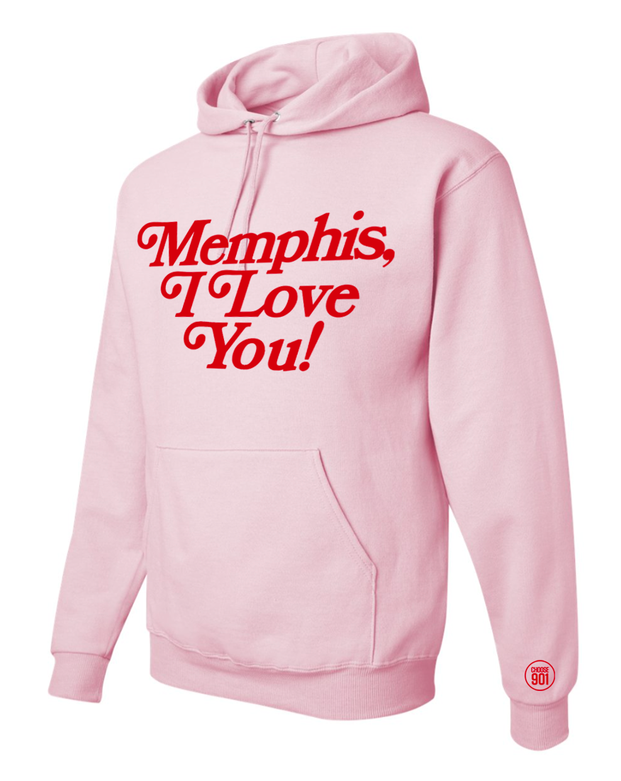 The Memphis I Love You Hoodie - Valentine's Edition by Choose901 Merch Shop is a cozy pink hoodie featuring "Memphis, I Love You!" in bold red letters on the front.