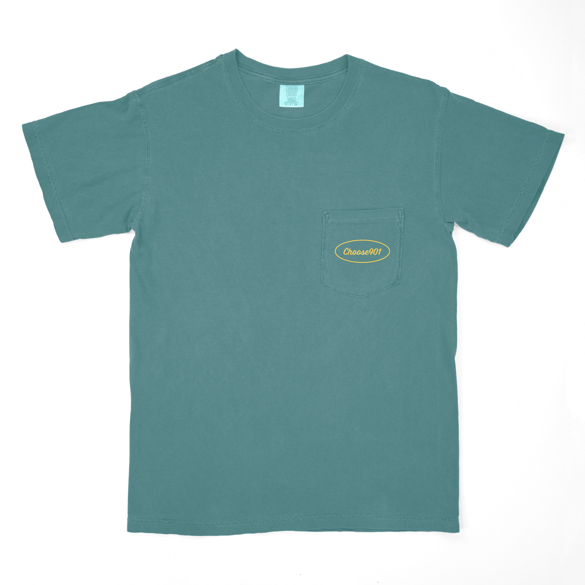 Teal Pothole Repair Shirt on Blue Spruce with a Memphis chest pocket and Choose901 Merch Shop brand label.