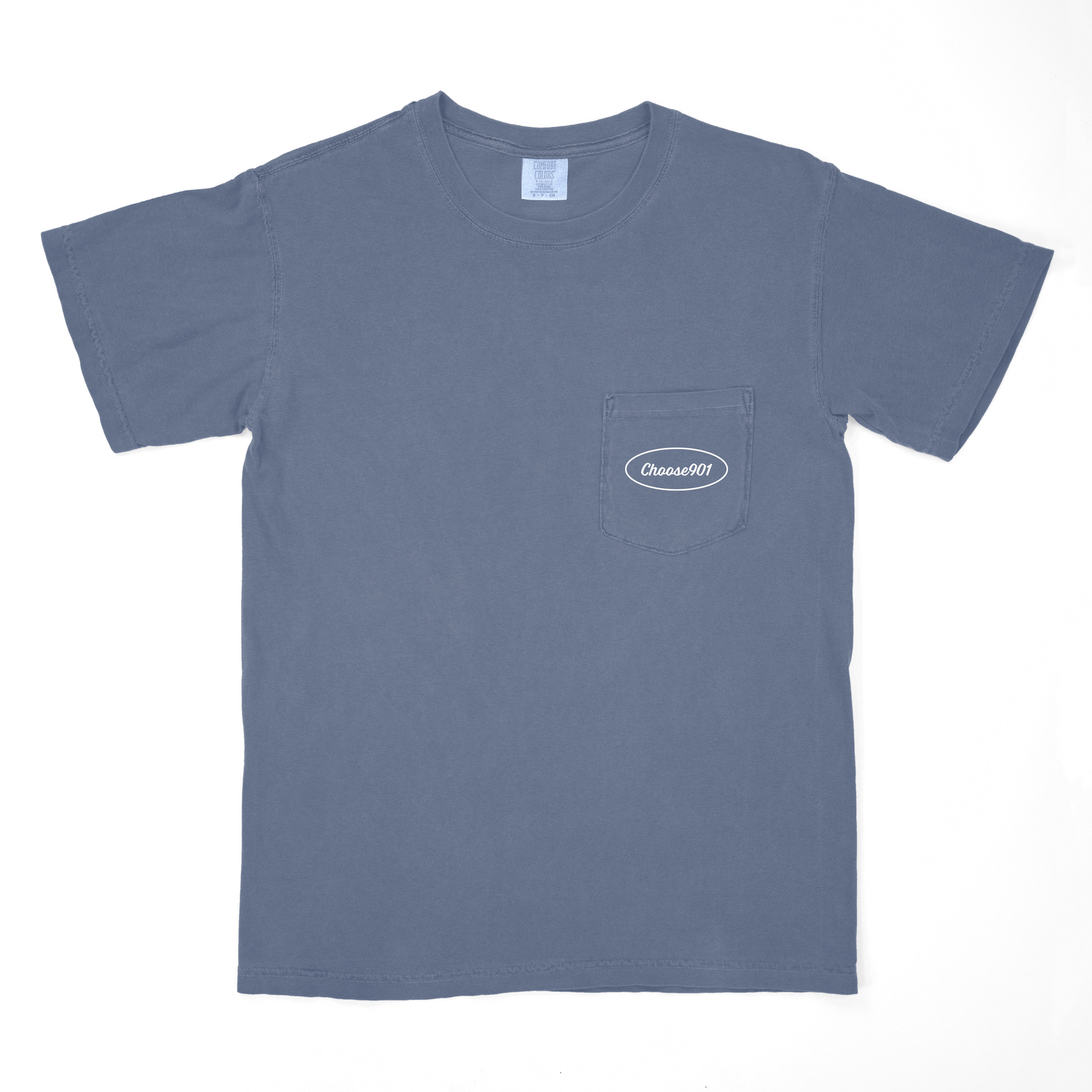 A plain blue-gray Pothole Repair Short Sleeve Tee from Choose901 Merch Shop, featuring a chest pocket with a small, white "Choose901" logo inside an oval shape.